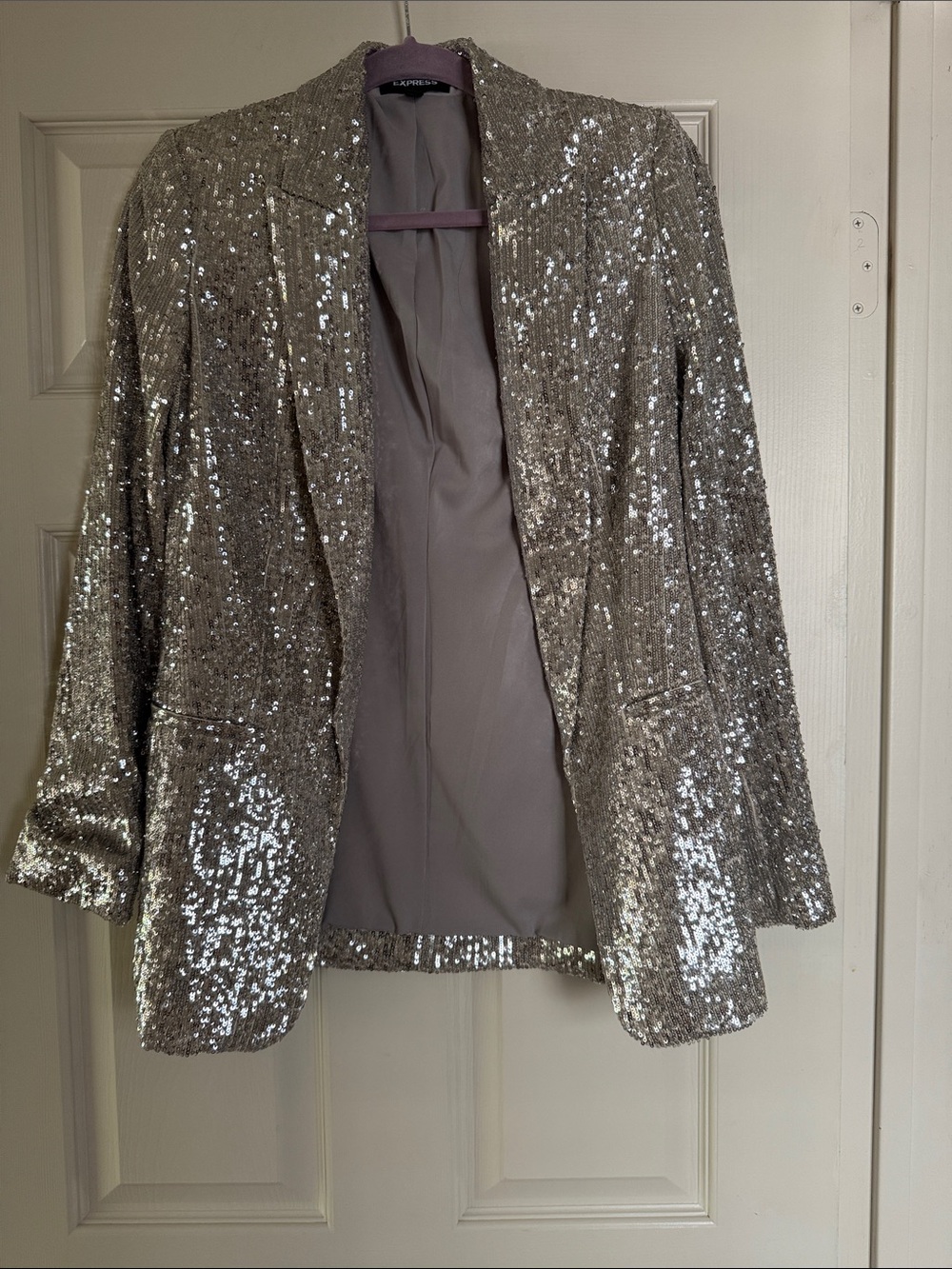 Express Sequin Open-Front Blazer Jacket in Metallic Silver